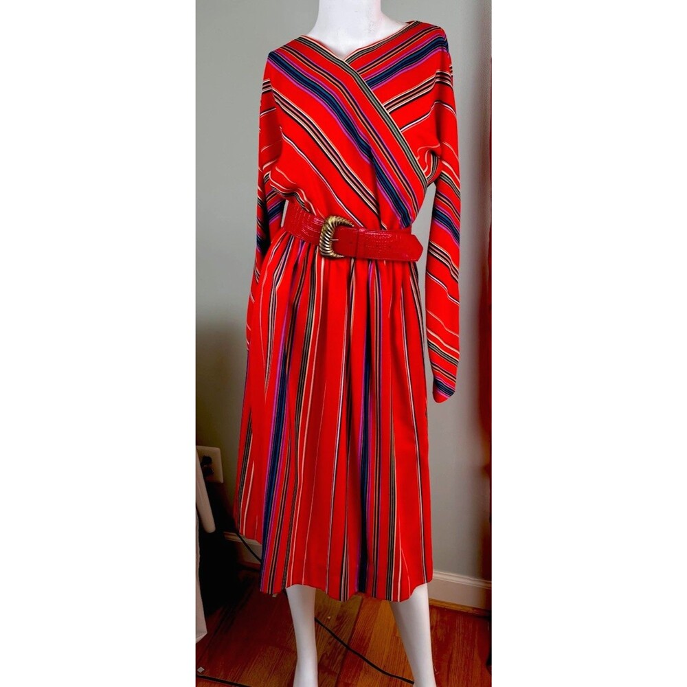 VTG 80s Red Long Sleeve Dress Midi Pockets Office Siren Women's Size 8/Med